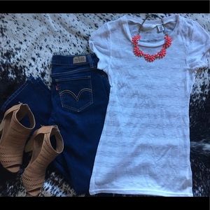 Large-Sheer White Striped Derek Heart top.